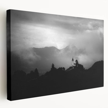 Lake Bled, Slovenia landscape on stretched canvas, featuring serene blue and green tones, ideal for kitchen wall art.