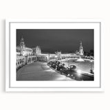 Extra large abstract art print depicting Andalucia, Spain, in textured hues of orange and blue on a white-framed canvas.