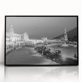 Large abstract wall art depicting a vibrant Andalucian landscape in mid-century modernist style, framed in black acrylic.