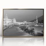 Mid-century modernist art depicting the Andalucia scenery in Spain on a gold-framed acrylic, ideal for nursery wall art.