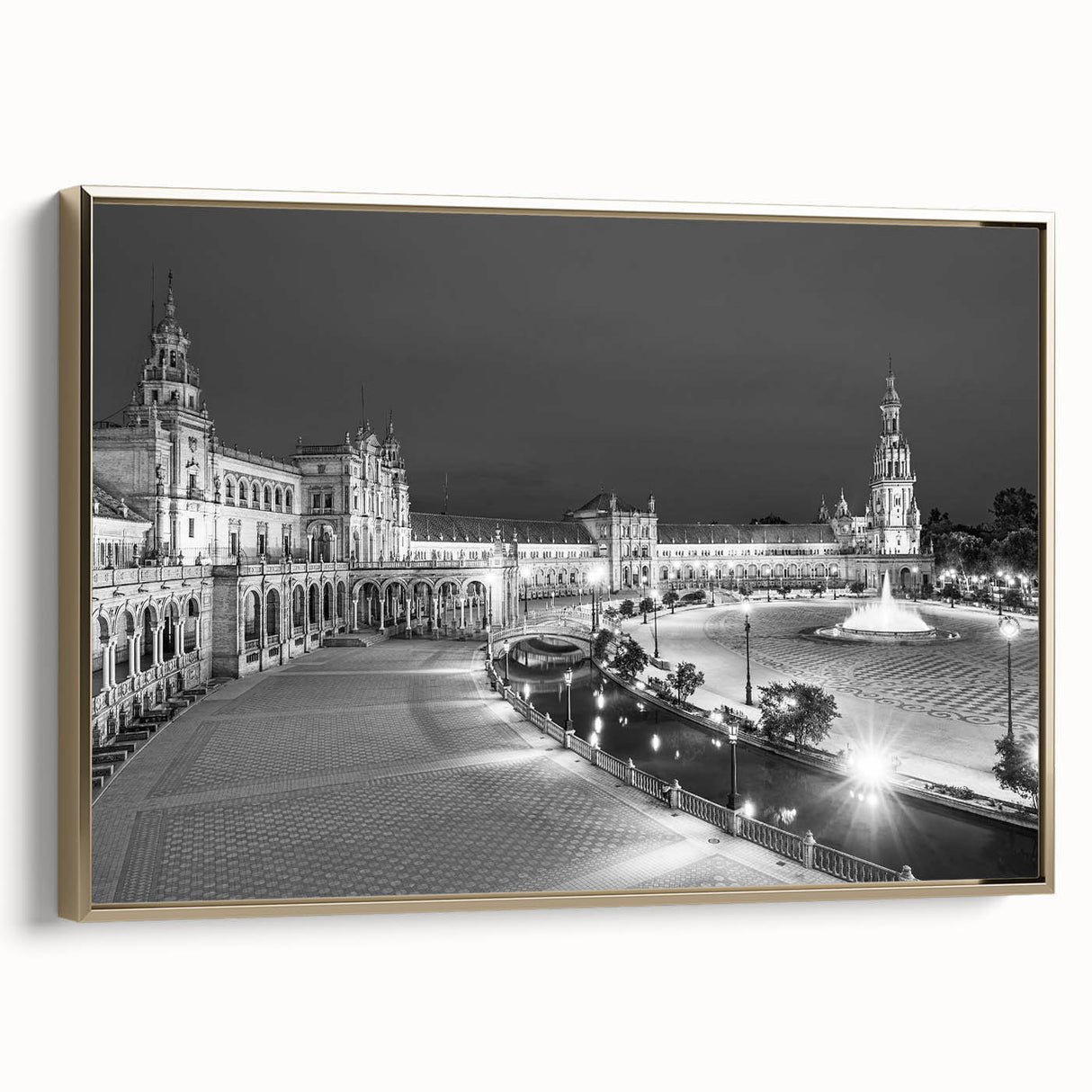 Framed canvas featuring a vintage-style landscape painting of Andalucia, Spain with vibrant colors.