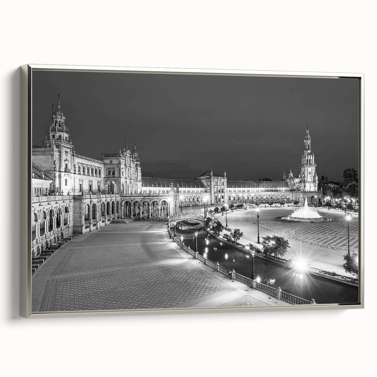 Vintage poster art of Andalucia, Spain in vibrant colors on a silver-framed canvas, ideal for living room decor.