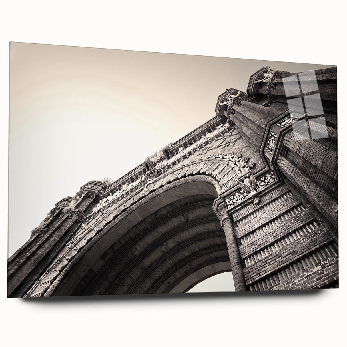 Large abstract wall art of Barcelona skyline in muted blue tones on acrylic glass, ideal for bedroom or dining room decor.