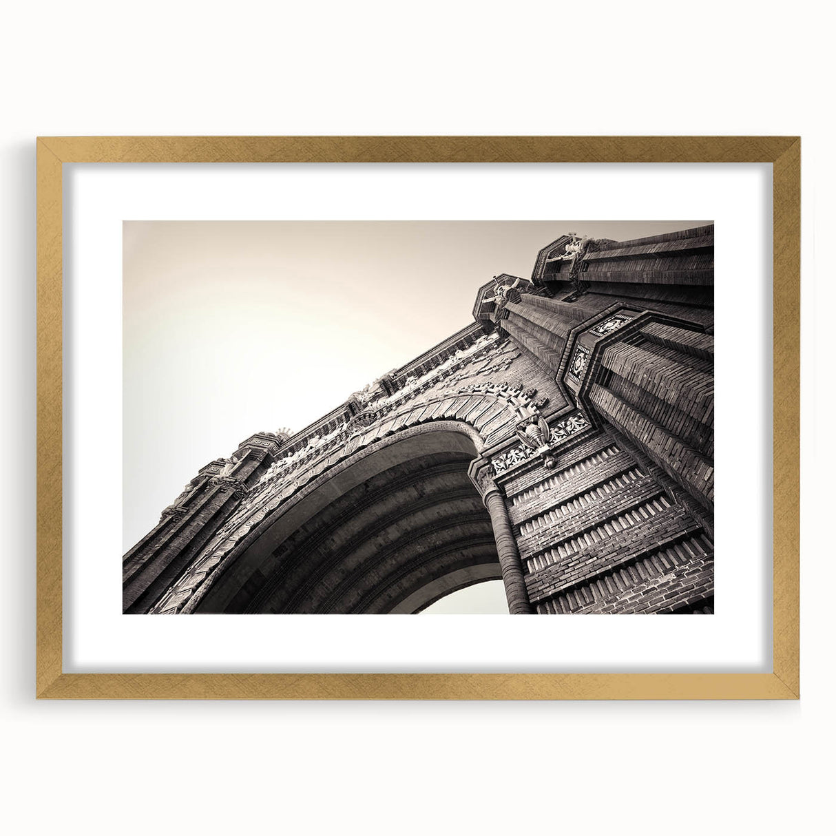 Abstract art print of Barcelona featuring muted gold and blue tones on a framed canvas, suitable for dining room decor.