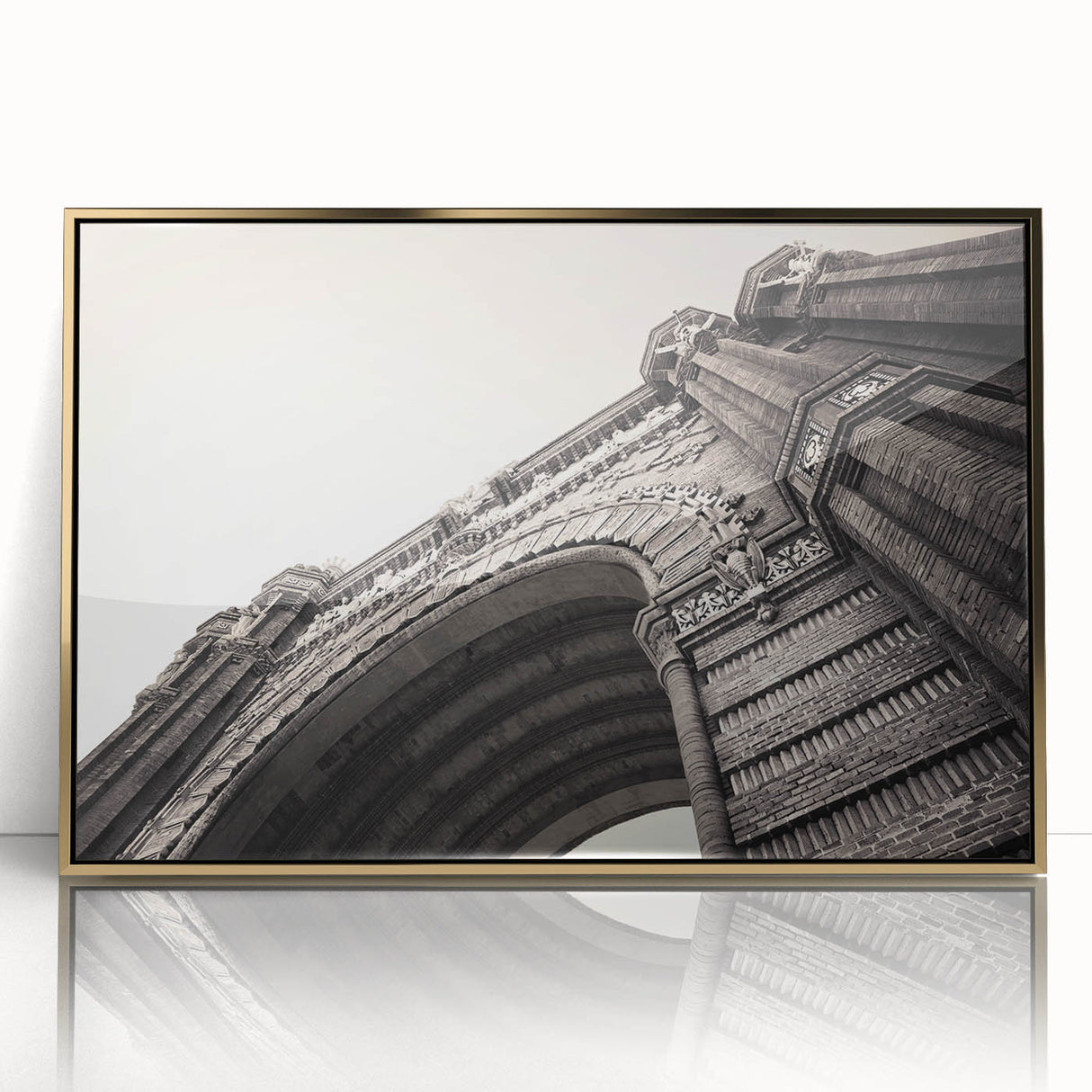 Art deco poster of Barcelona skyline in muted gold and blue tones on framed acrylic, suitable for modern art wall decor.
