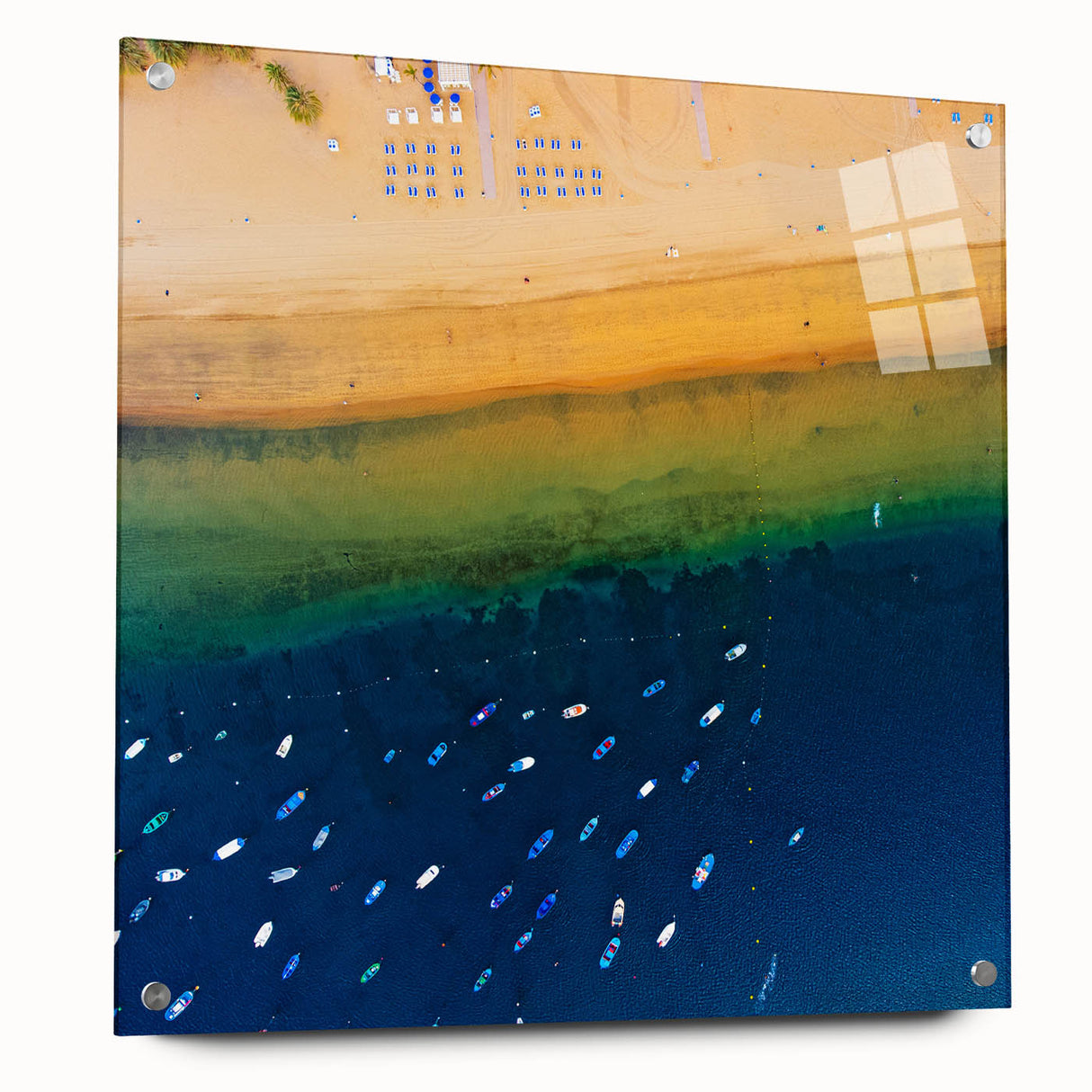Acrylic print of a large abstract depiction of a European scenery, in muted earth tones.