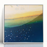 Mid-century modernist art depicting a Canary Islands landscape in pastel shades on a framed acrylic print.