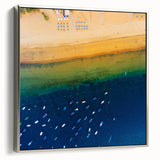 Framed canvas depicting a vintage-style landscape of the Canary Islands with vibrant colors on a black background.