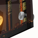 Large abstract wall art depicting a Madrid cityscape in muted earth tones on acrylic glass, ideal for dining room ambiance.