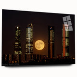 Large abstract wall art of Madrid scenery in muted earth tones on acrylic glass, ideal for bedroom or dining room decor.