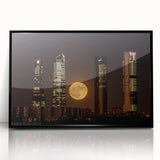 Large abstract wall art depicting Madrid's cityscape in muted earth tones on a framed acrylic.