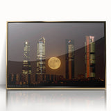 Large art print of Madrid skyline in muted earth tones on a gold-framed acrylic, suitable for modern art wall decor.