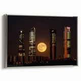 Framed canvas of a vintage Madrid landscape painting in black with colorful accents, ideal for living room decor.