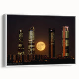 Vintage poster art of Madrid scenery in colorful tones on extra large framed canvas, ideal for living room decor.