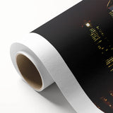 Art deco poster of Madrid skyline in muted gold and navy tones on rolled canvas.