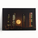 Black and white photograph of Madrid cityscape on stretched canvas, ideal for kitchen wall art or bedroom ambiance.