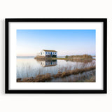 Extra large abstract art print of Valencia scenery in vibrant colors on textured canvas, framed in black.