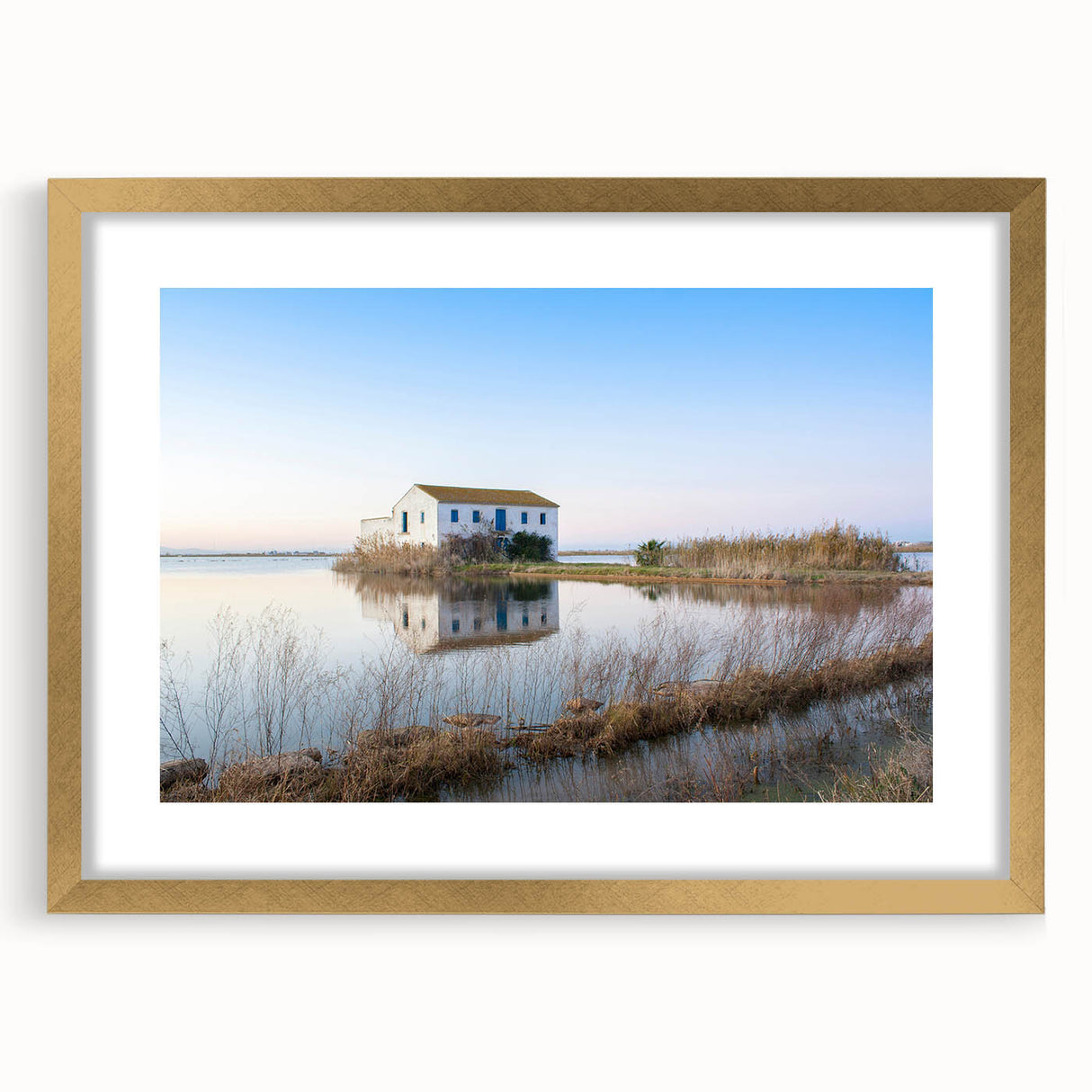 Extra large abstract art print of a textured European scenery in Valencia with muted earth tones on a gold-framed canvas.