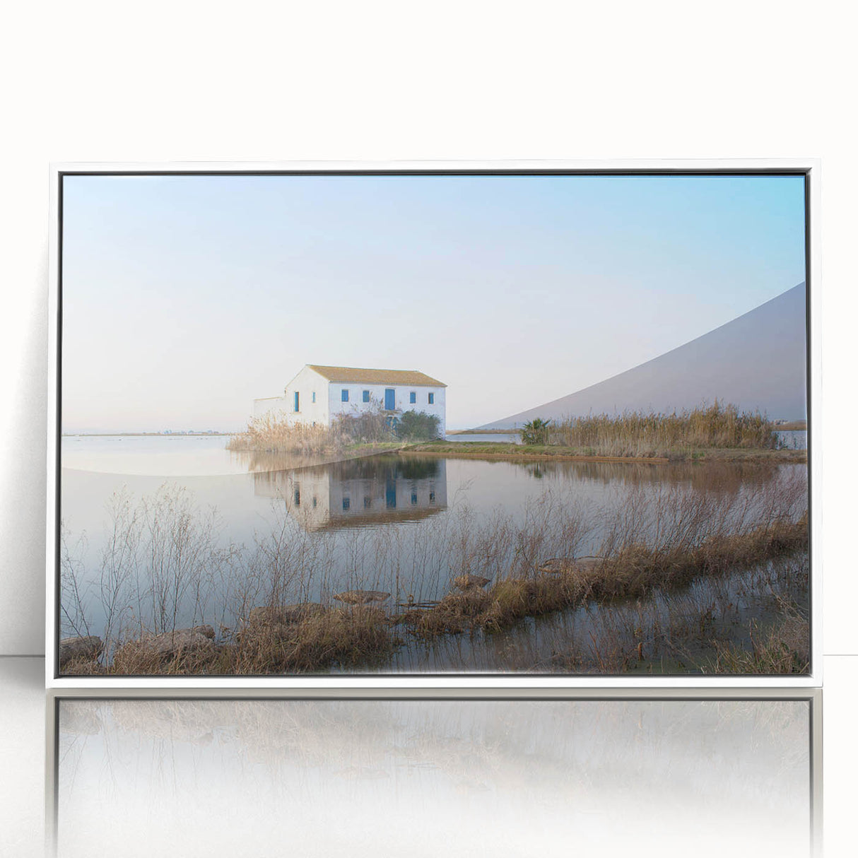 Art deco poster of Valencia scenery in muted earth tones on white framed acrylic, suitable for modern art wall decor.