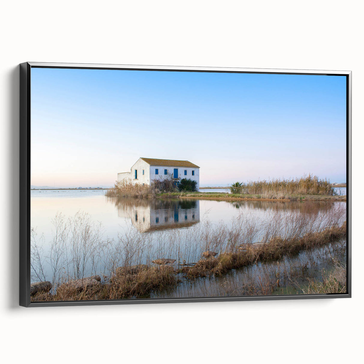 Black and white wall art of Valencia landscape on framed canvas, ideal for bedroom decor.
