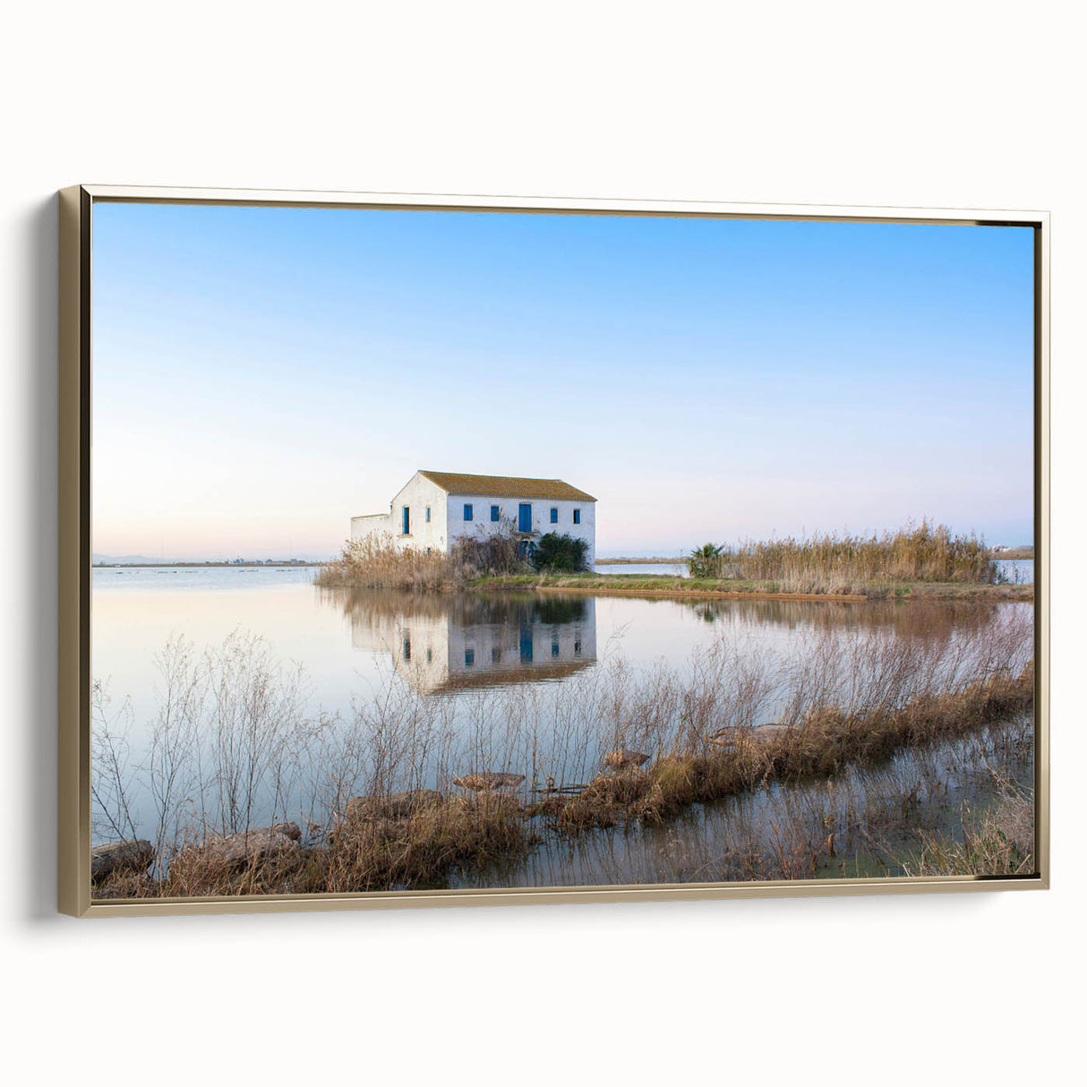 Framed canvas depicting a vintage landscape painting of Valencia with a gold frame, ideal for bedroom wall art.