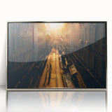Mid-century modernist art of Stockholm scenery in silver framed acrylic, featuring cool blue and gray tones.