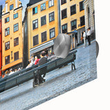 Large abstract wall art featuring a mid-century modernist scene of a Swedish landscape in muted earth tones on acrylic glass.