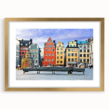 Extra large abstract art print of a textured European scenery in gold frame, suitable for living room decor.