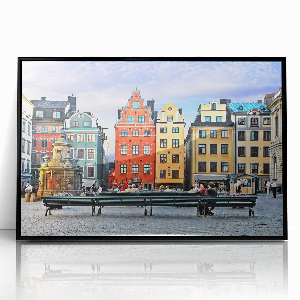 Large abstract wall art featuring a mid-century modernist style with a black and white Swedish scenery on framed acrylic.