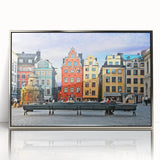 Mid-century modernist art depicting a serene Swedish landscape in muted earth tones on a framed acrylic print.