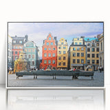 Art deco poster featuring a serene Swedish landscape in muted blue and green tones, acrylic print framed in white.