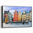 Black and white framed canvas of a vintage Swedish landscape, ideal for bedroom wall decor.