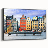 Black and white framed canvas of a vintage Swedish landscape, ideal for bedroom wall decor.