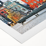 Art deco poster featuring a serene Swedish landscape in muted green and blue tones on rolled canvas.