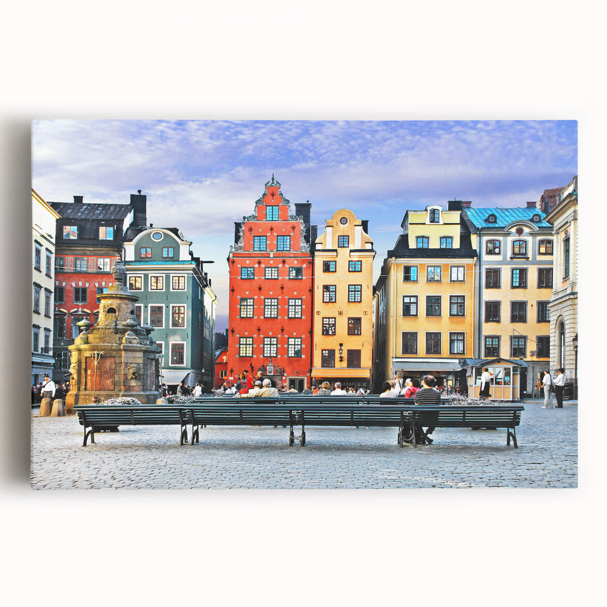 Black and white photograph of a European cityscape on stretched canvas, ideal for kitchen wall art.