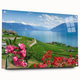 Acrylic print of Geneva, Switzerland landscape in muted blue and green shades, ideal for dining room decor.
