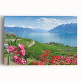Black and white photograph of Geneva scenery on stretched canvas, suitable as large kitchen wall art.