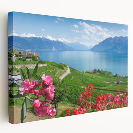 Panoramic view of Geneva with vivid blue and green tones on a stretched canvas, suitable for kitchen wall art.
