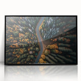 Large abstract wall art depicting a Swiss landscape in muted earth tones, framed in black acrylic.