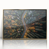 Large art print of a Swiss landscape in mid-century modernist style, framed in gold acrylic.