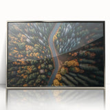 Mid-century modernist art of a Swiss landscape in acrylic, with muted earth tones, framed in silver.
