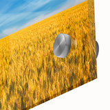 Large abstract wall art featuring vibrant hues and geometric shapes on acrylic glass, suitable for dining room ambiance.