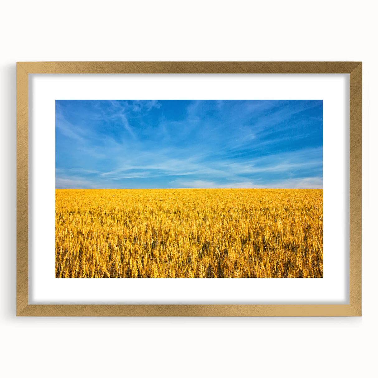 Extra large abstract art print of a textured European landscape in muted earth tones, framed in gold.