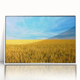 Art deco poster featuring a serene European landscape in muted green and blue tones, framed acrylic.