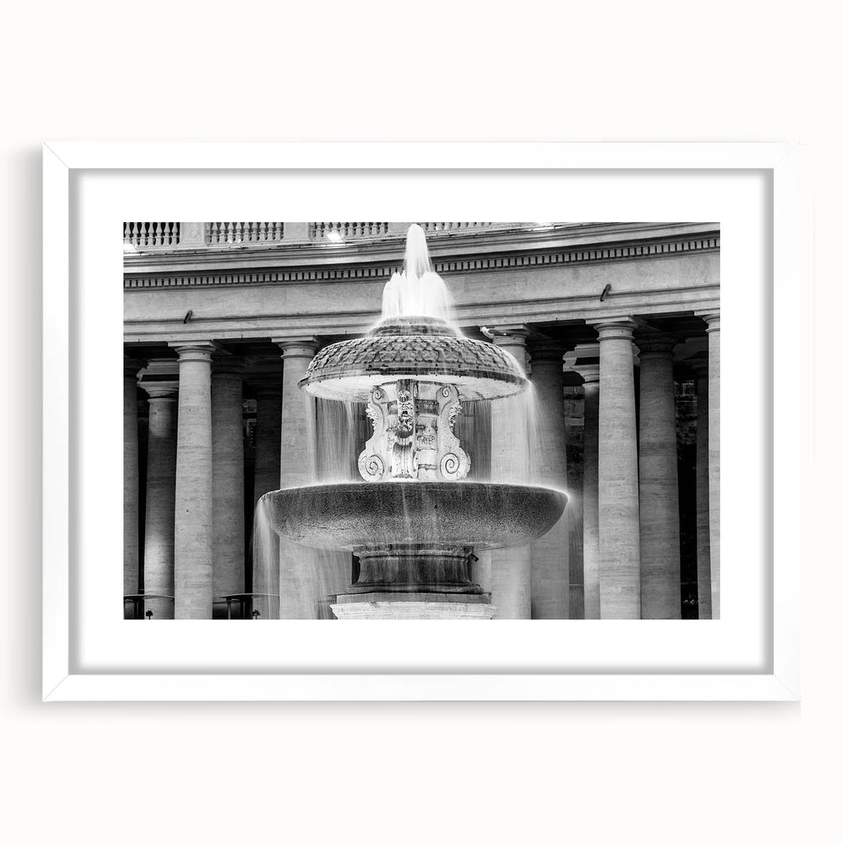 Abstract art print of the Vatican scenery in muted earth tones on a framed white mat, suitable for dining room decor.