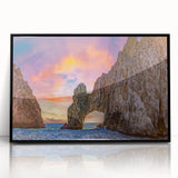 Large abstract wall art depicting Baja California scenery in mid-century modernist style, framed in black acrylic.