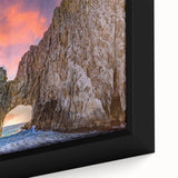 Extra large framed canvas featuring a textured depiction of Baja California scenery in black with vibrant colorful accents.