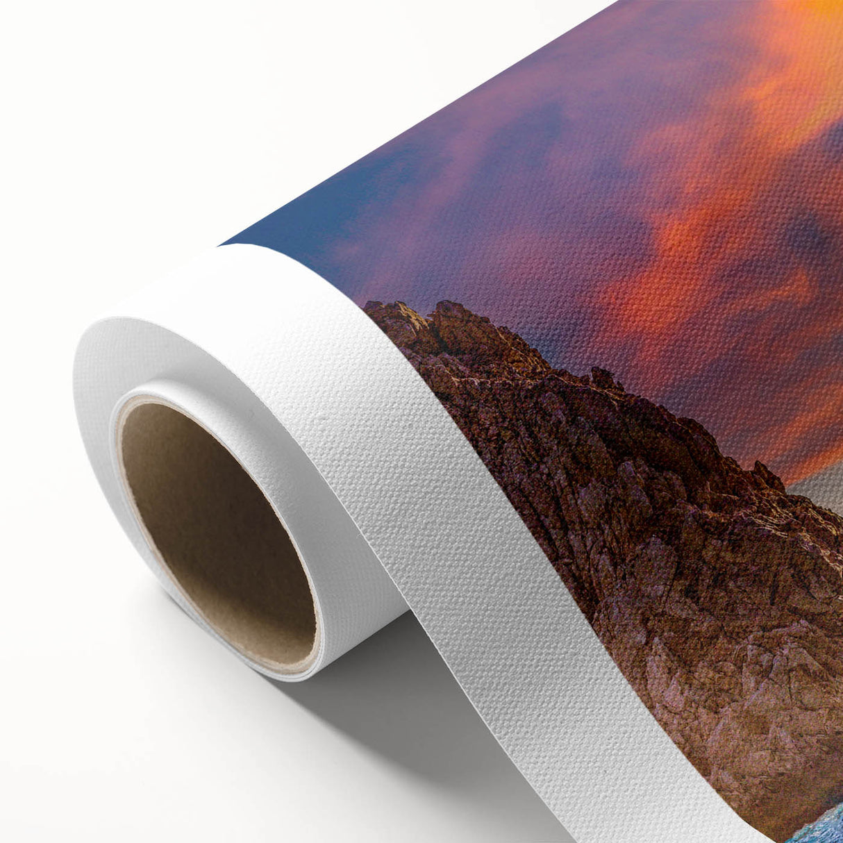 Art Deco poster of Baja California scenery on rolled canvas, featuring muted earth tones.