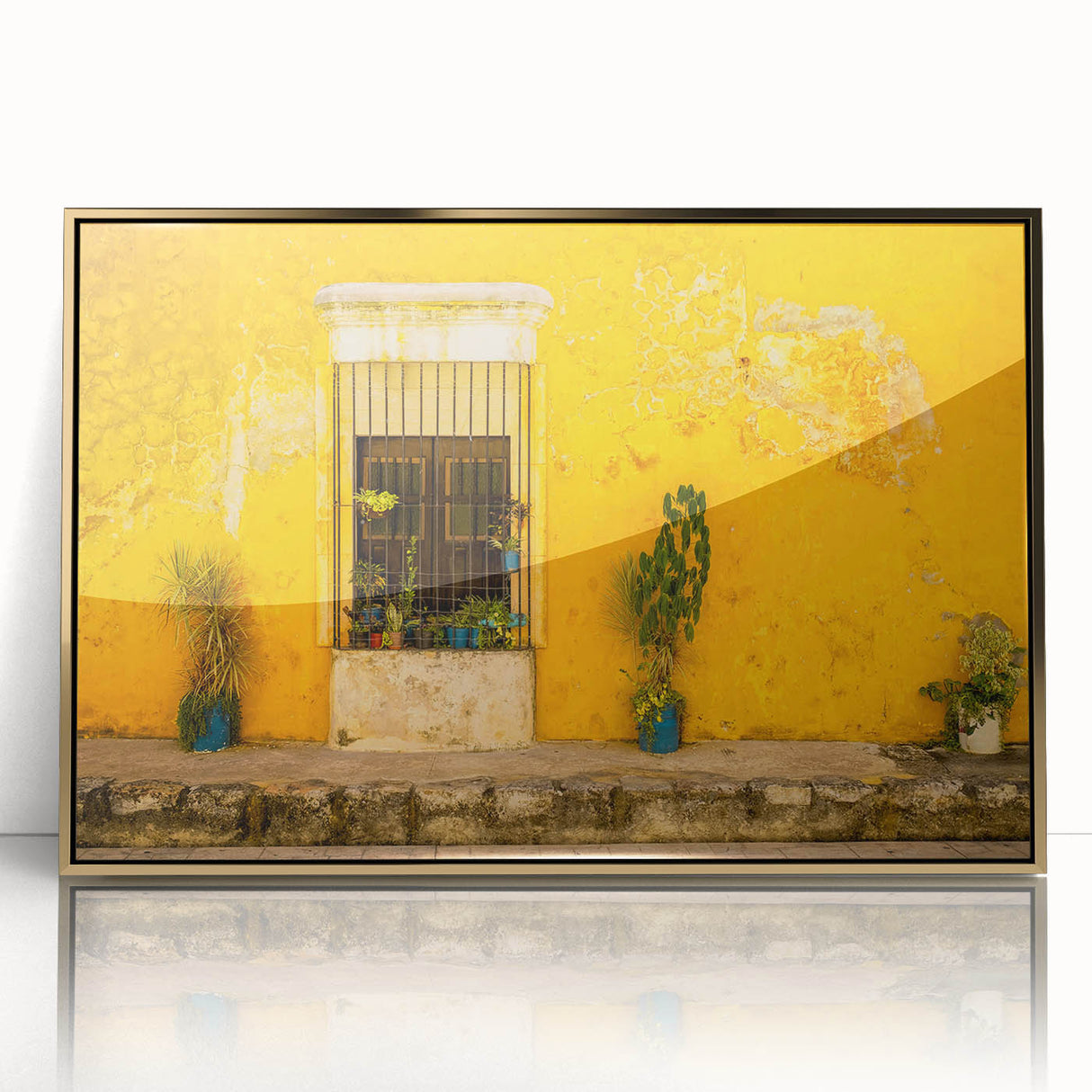 Mid-century modernist art of Mexico City skyline in muted earth tones on a framed acrylic.