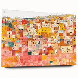 Acrylic print of a large abstract depiction of Guanajuato, Mexico in vibrant colors, ideal for bedroom or dining room art.